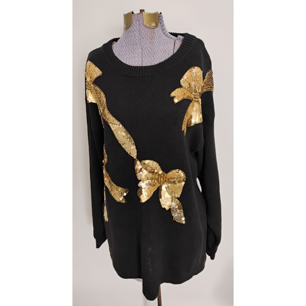 Vtg Victoria Harbour Sweater 80s Black Gold Sequin Bows LS Coquette Holiday M/L